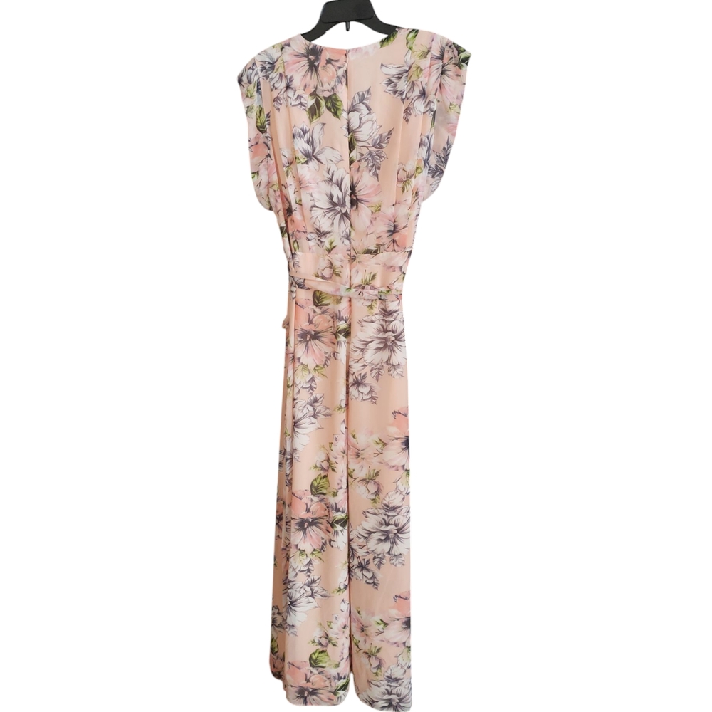 NWT Eliza J Size 14 Peach Floral High Low Faux Wrap Ruffle Tie Waist Maxi Dress - Picture 3 of 5